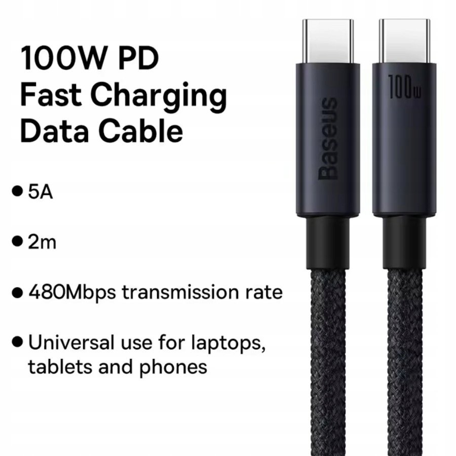 KABEL SZYBKIEGO ŁADOWANIA BASEUS 100W USB-C do USB-C, 480 Mb/s, 2m, 5A