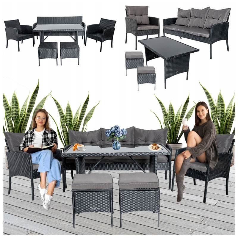 MEBLE OGRODOWE RATATANOWE ZESTAW MANAS CZARNY 2 KRZESŁA SOFA STÓŁ