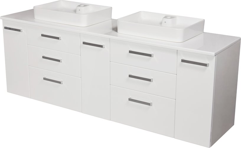 Szafka wisząca z dwiema umywalkami nablatowymi 210 cm z blatem w kolorze białym 210/39/C3 seria Fokus B