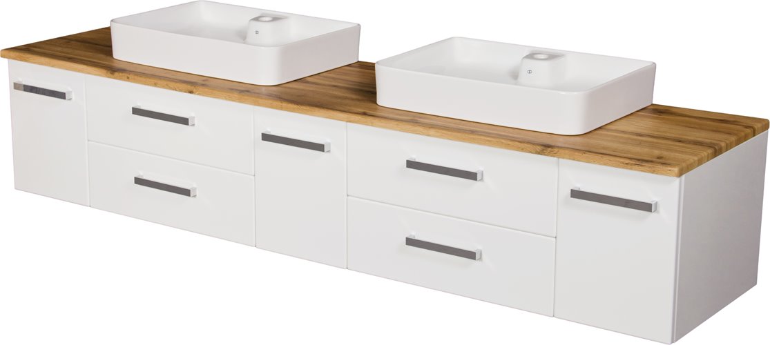 Szafka wisząca z dwiema umywalkami nablatowymi 210 cm z blatem w kolorze dąb naturalny 210/39/C2 seria Fokus B