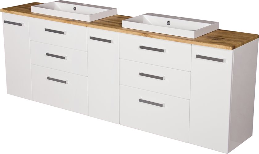 Szafka wisząca z dwiema umywalkami 210 cm z blatem w kolorze dąb naturalny 210/39/C3 seria Fokus B