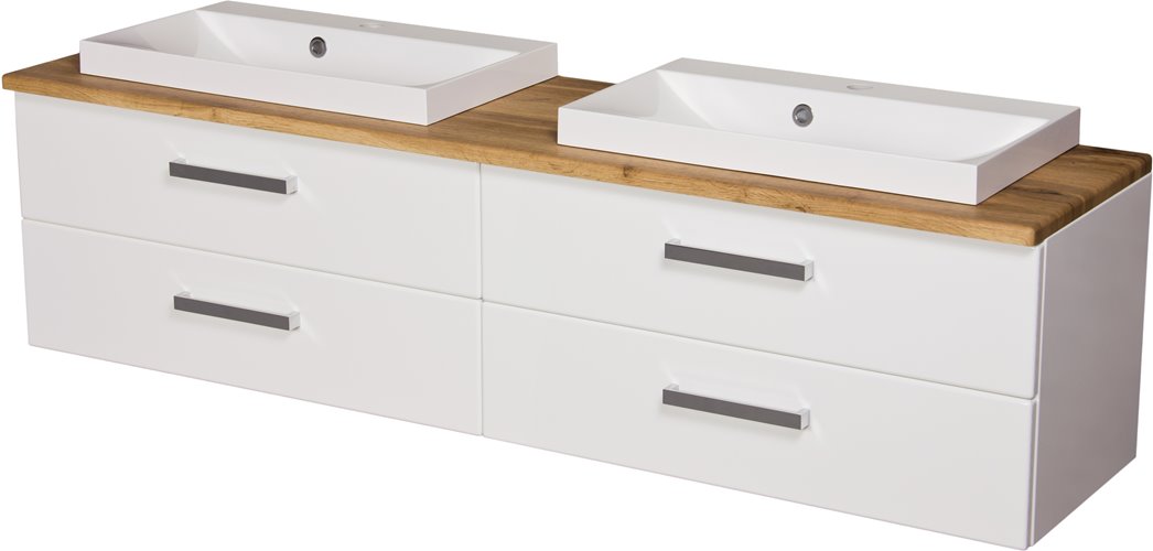 Szafka wisząca z dwiema umywalkami 160 cm blat dąb naturalny seria Fokus B