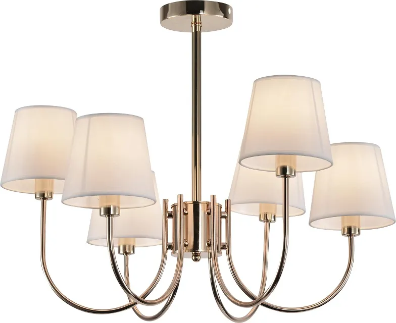 Złoty sześcioramienny żyrandol z tkaninowymi kloszami - V195-Berkel