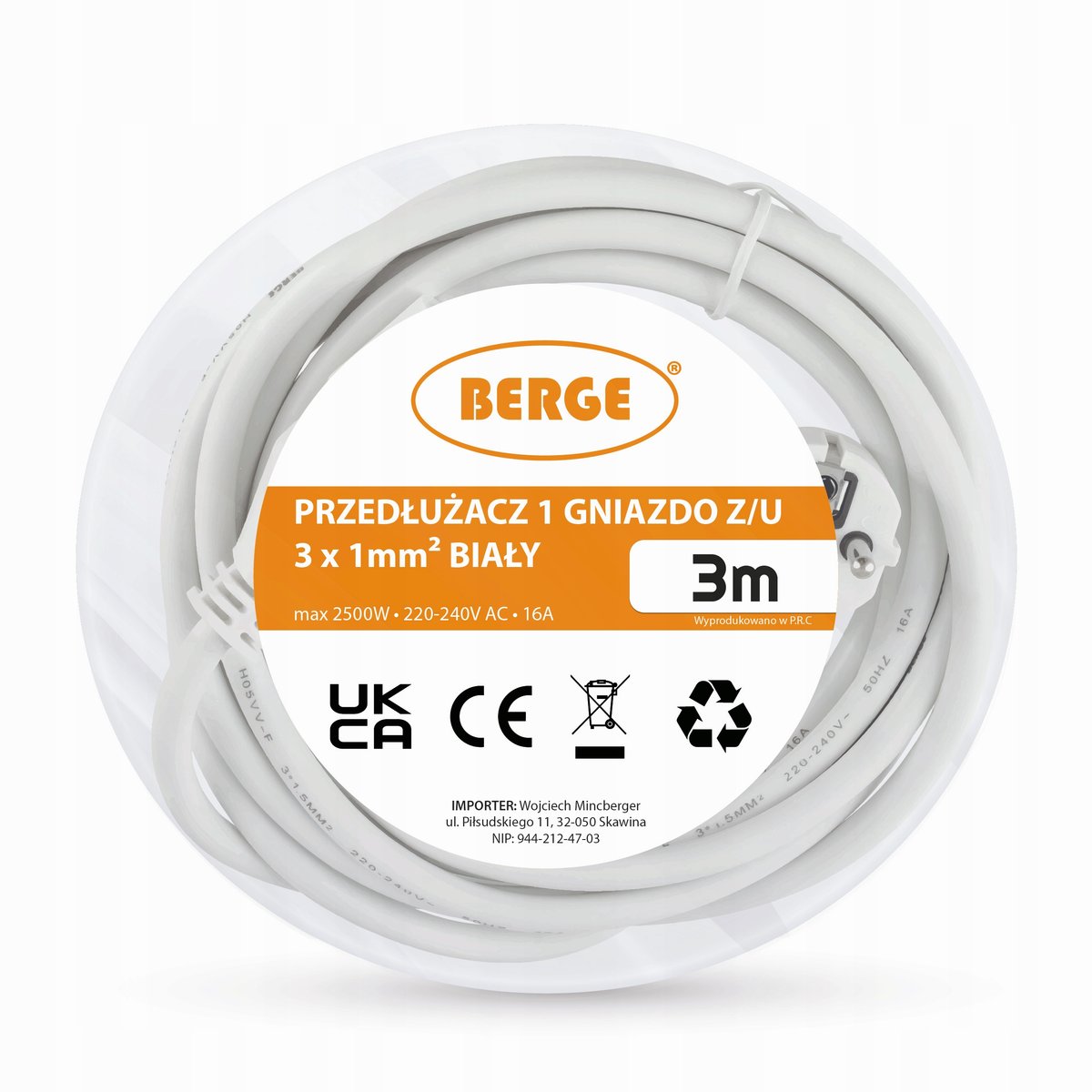 PRZEDŁUŻACZ SIECIOWY JEDNOGNIAZDOWY MOCNY GRUBY KABEL ELEKTRYCZNY 16A 3M