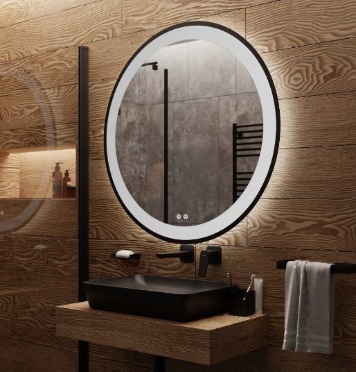 Lustro łazienkowe LED w czarnej ramie LOFT włącznik mata grzewcza włącznik