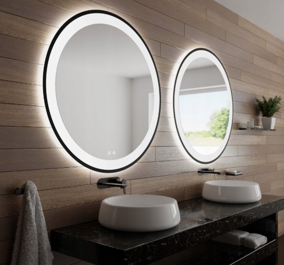 Lustro łazienkowe LED fi100 w czarnej ramie LOFT włącznik dotyk zmiana barw
