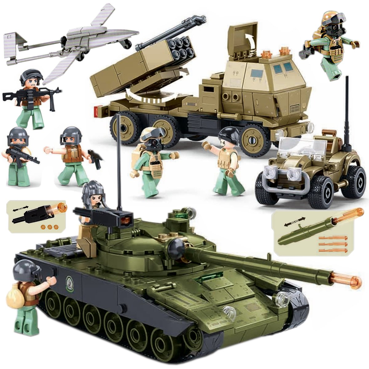 Klocki CZOŁG T90 STRZELA CIĘŻARÓWKA Wyrzutnia DRON JEEP Armia 6 Figurek