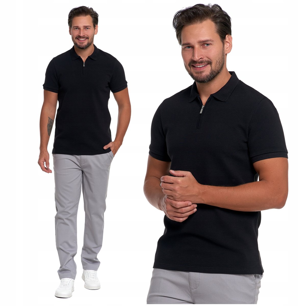 Elegancki T-Shirt Koszulka Polo Polówka Na Zamek Krótki Rękaw MORAJ - L