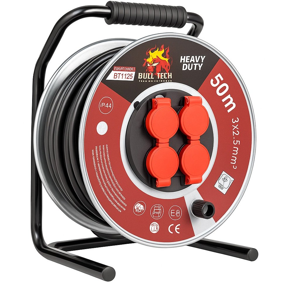 Przedłużacz Bębnowy 50m 3×2,5mm² Metalowy Bęben 4 Gniazda Bull Tech