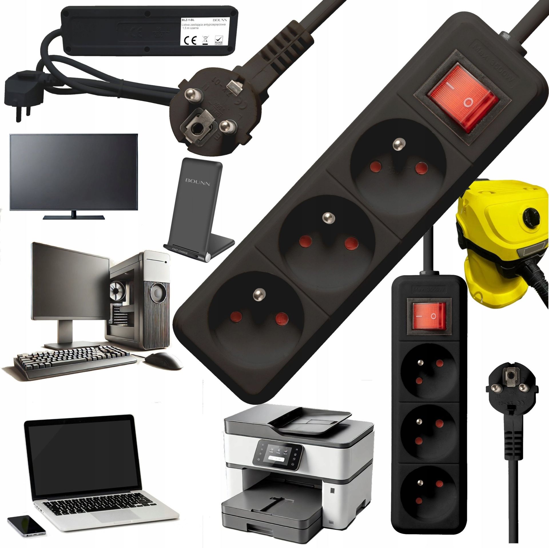 Listwa zasilająca Bounn BOUNN listwa zasilajÄ ca antyprzepiÄciowa 3 gniazda 1,5 m czarna 16A