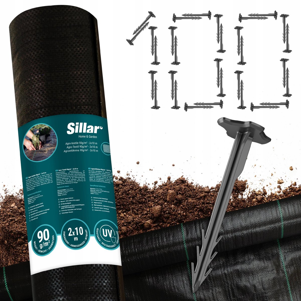 Zestaw gruba agrotkanina antychwastowa Sillar 90g/m2 2x10m + Kotwy 100szt.