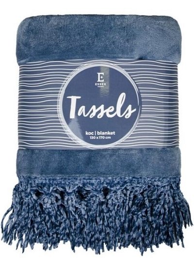 Miękki koc niebieski 130x170 z FRĘDZLAMI, frędzle