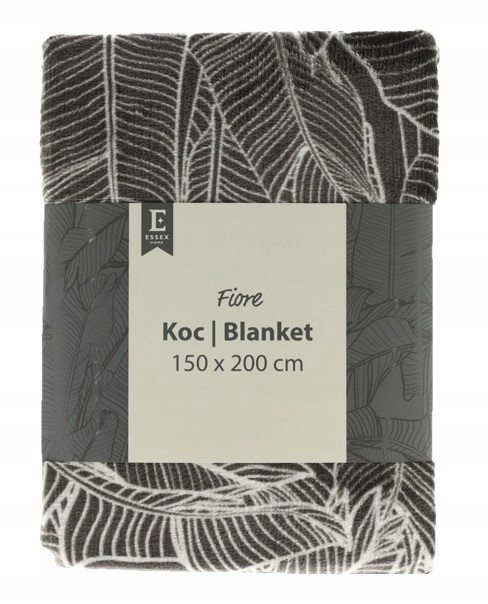 Miękki koc szary FIORE 150x200 z motywem roślinnym / print roślinny
