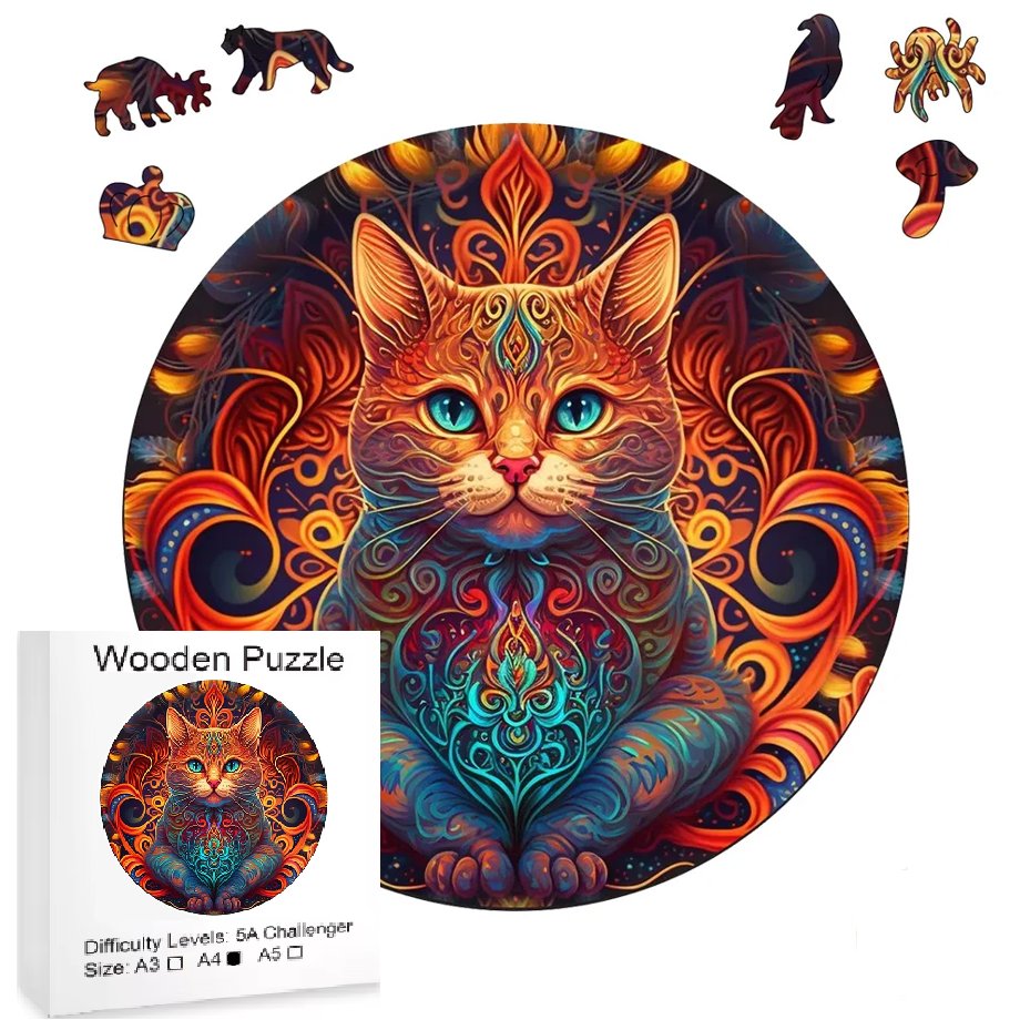 PŁOMIENISTY KOT KOTEK DREWNIANE PUZZLE W KSZTAŁCIE ZWIERZĄT UKŁADANKA 3D DLA DZIECKA DOROSŁYCH CHŁOPCA DZIEWCZYNKI NA PREZENT