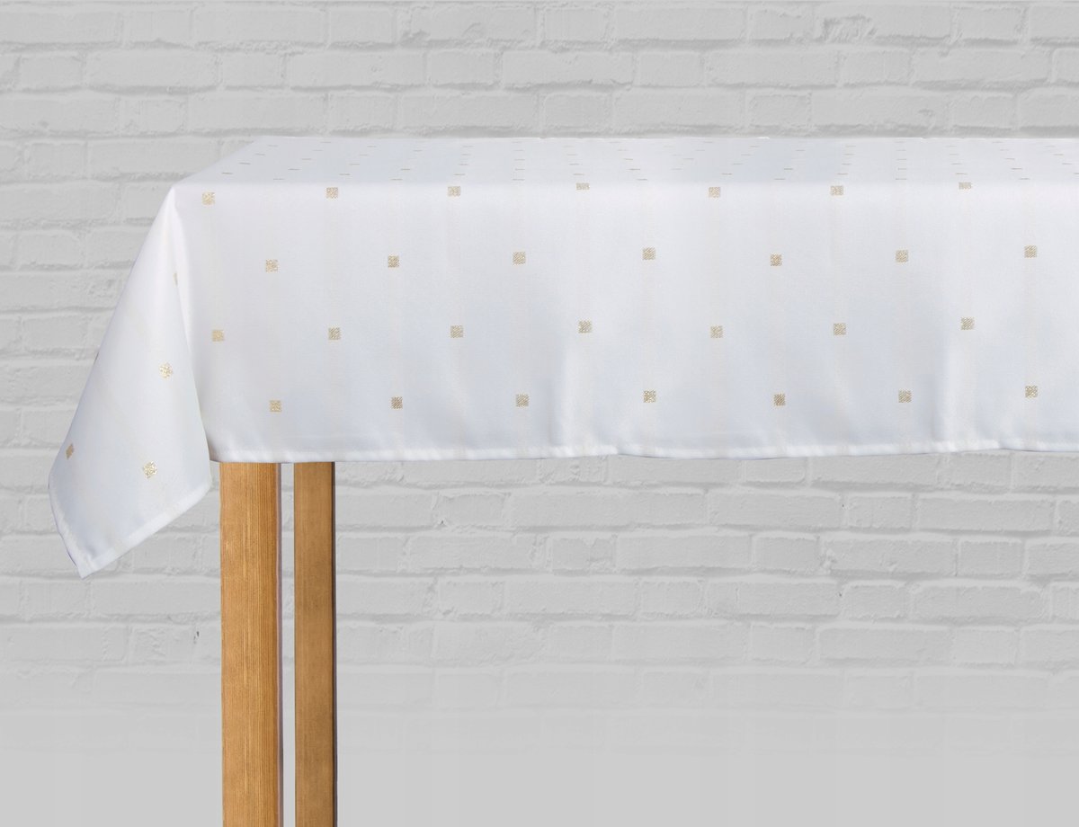 Elegancki obrus kremowy w subtelne paski ze złotymi zdobieniami 150x300 cm