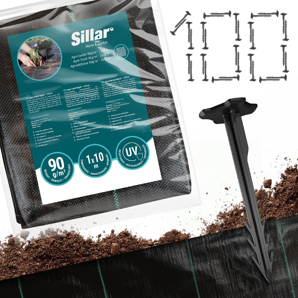 Zestaw gruba agrotkanina antychwastowa Sillar 90g/m2 1x10m + Kotwy 100szt.