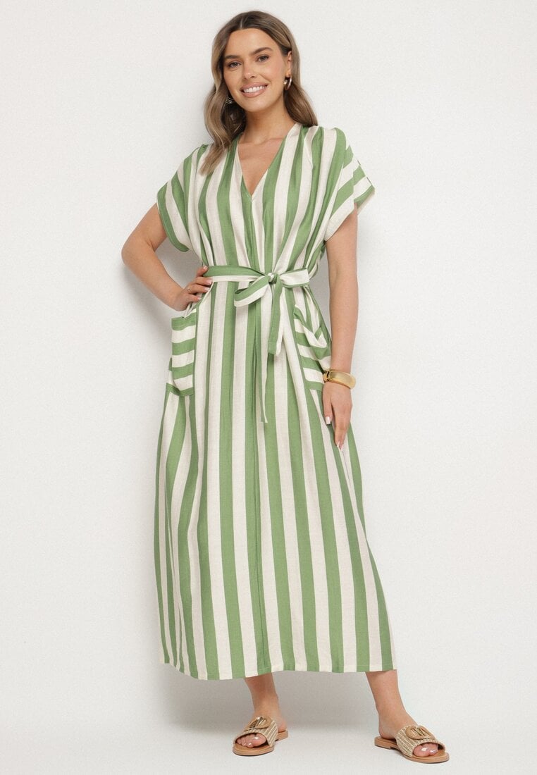 Zielona Sukienka z Wiskozą i Paskiem w Paski Nerire