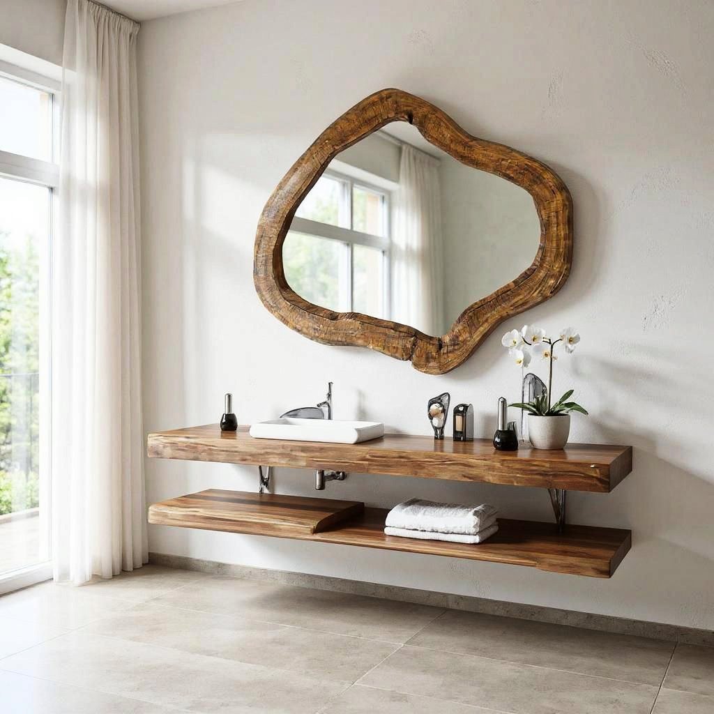 designerskie lustro z drewna naturalnego do łazienki asymetryczne