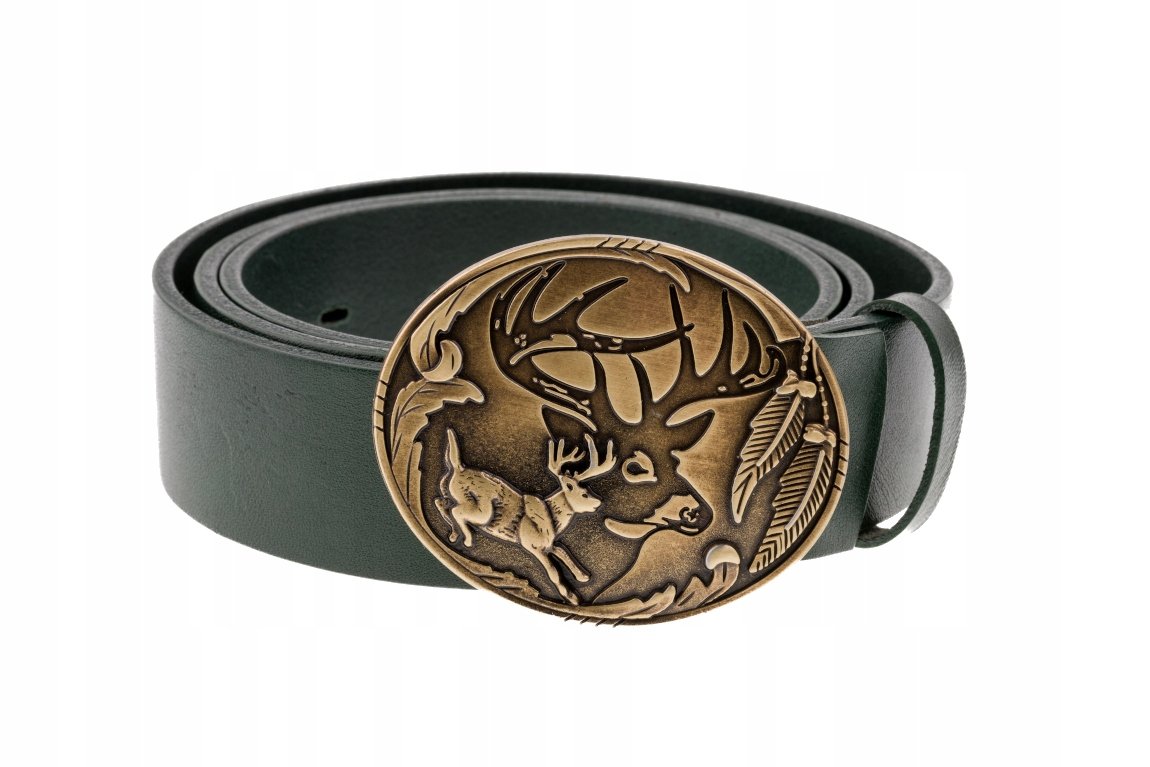 Pasek skórzany BÓR HUNTER FOREST - Running Deer Gold-105