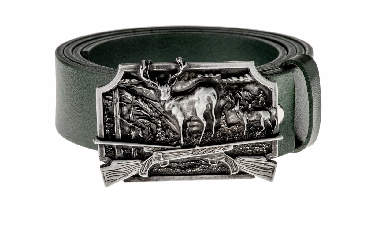 Pasek skórzany BÓR HUNTER FOREST - Deer on Guns Silver-90