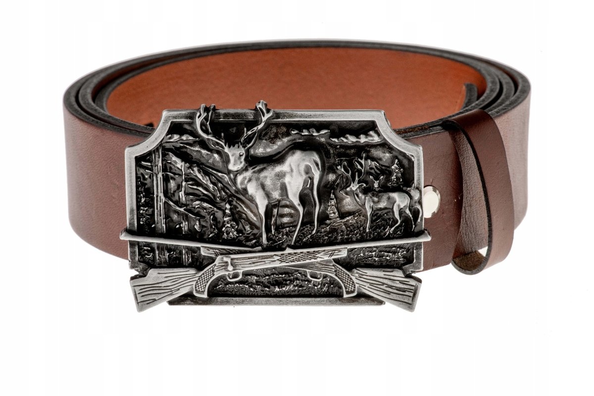Pasek skórzany BÓR HUNTER ELEGANCE - Deer on Guns Silver -110