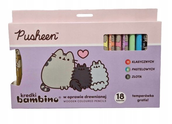 BAMBINO KREDKI GRUBE 18 kol. klasyczne pastel złota PUSHEEN THE CAT + temp.