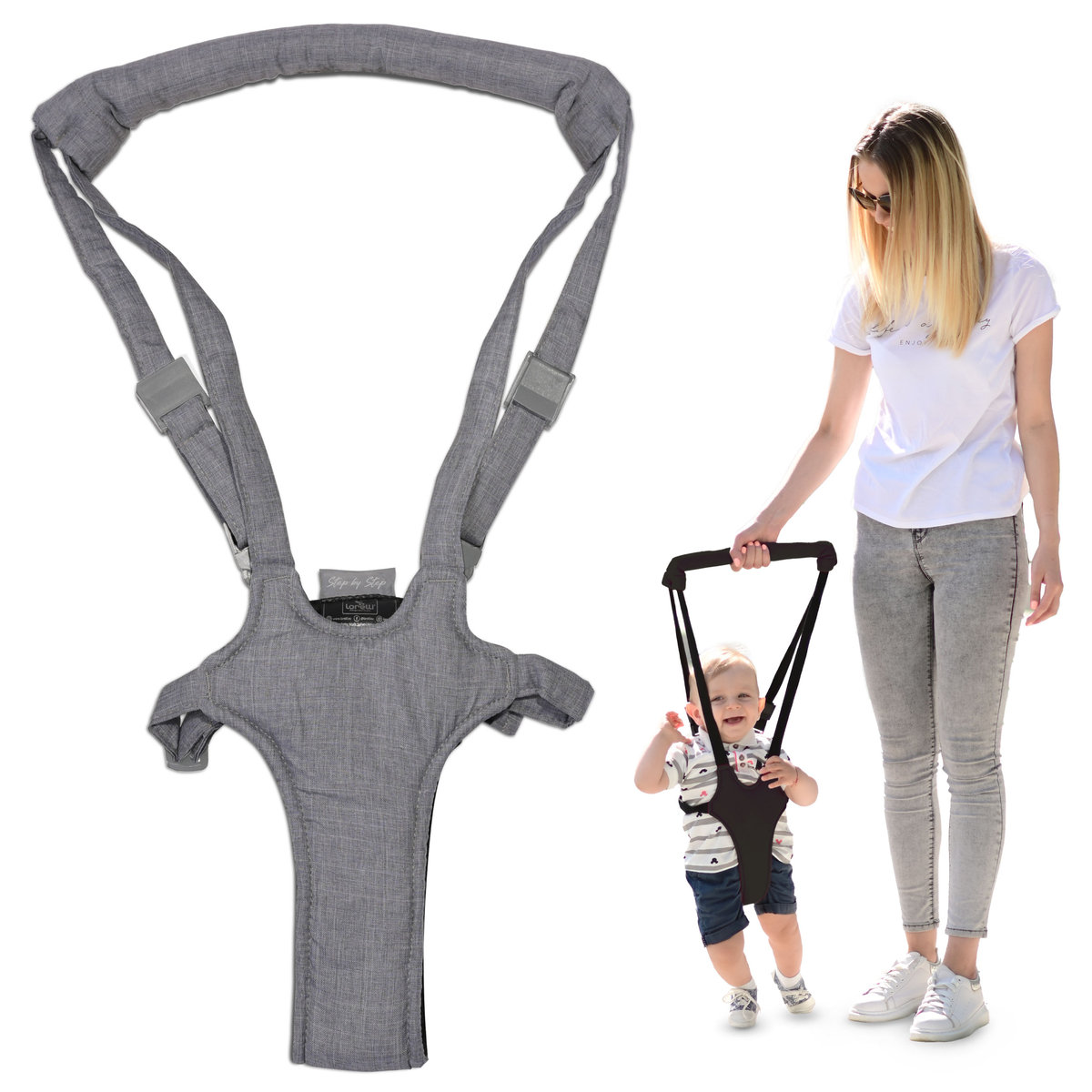 SZELKI DO NAUKI CHODZENIA LORELLI STEP BY STEP - UPRZĄŻ DDLA DZIECKA GREY&BLACK