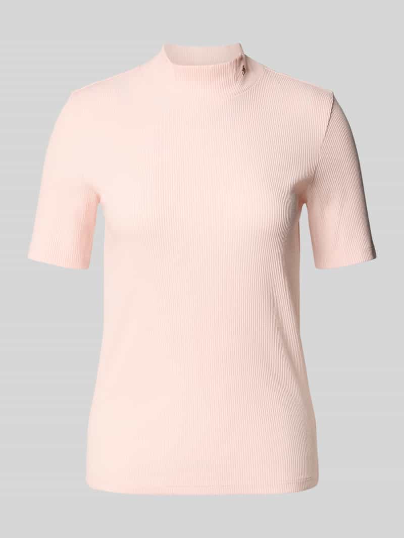T-shirt z prążkowaniem, stójką i wyhaftowanym logo