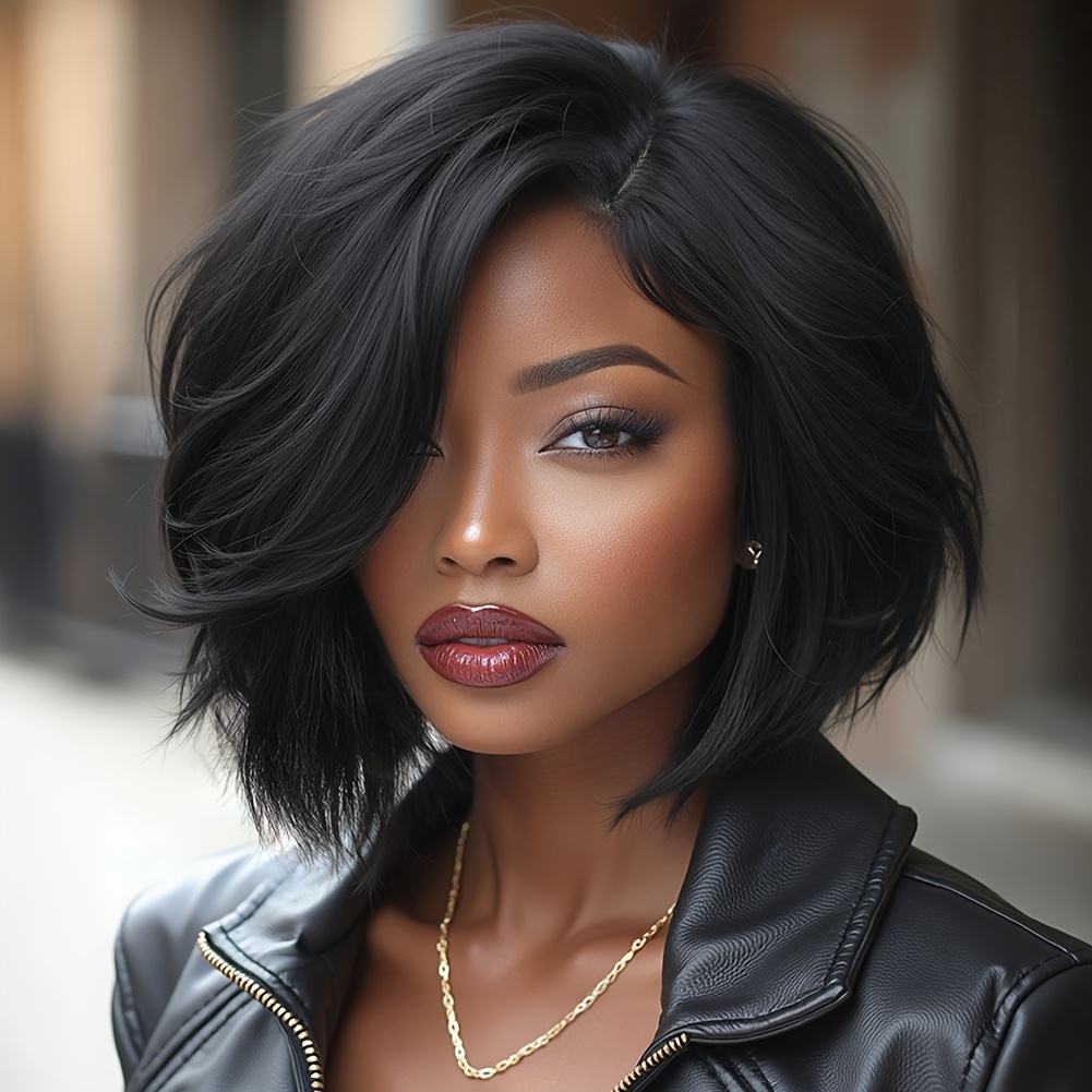 TEMU 4x1 Koronkowe krótkie peruki Bob z boczną częścią Proste peruki syntetyczne Kinky Hair 10 cali Proste peruki z frędzlami Koronkowa część Bob