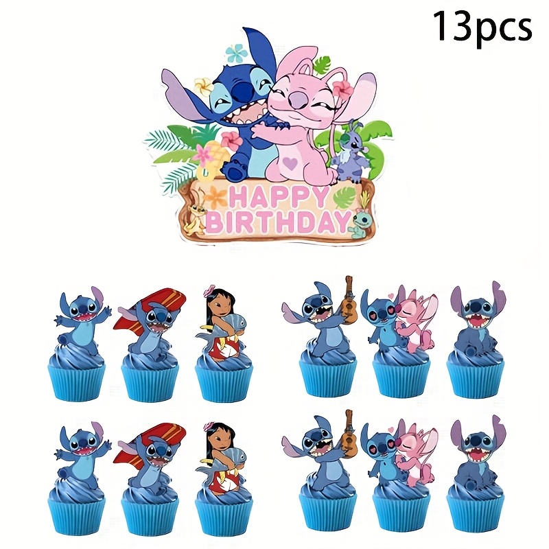TEMU 13 sztuk Disney Stitch urodzinowa wstawków do dekoracji tortu, gwiazda i aniołek Stitch - idealne na przyjęcie urodzinowe, 1 duża i 12 małych