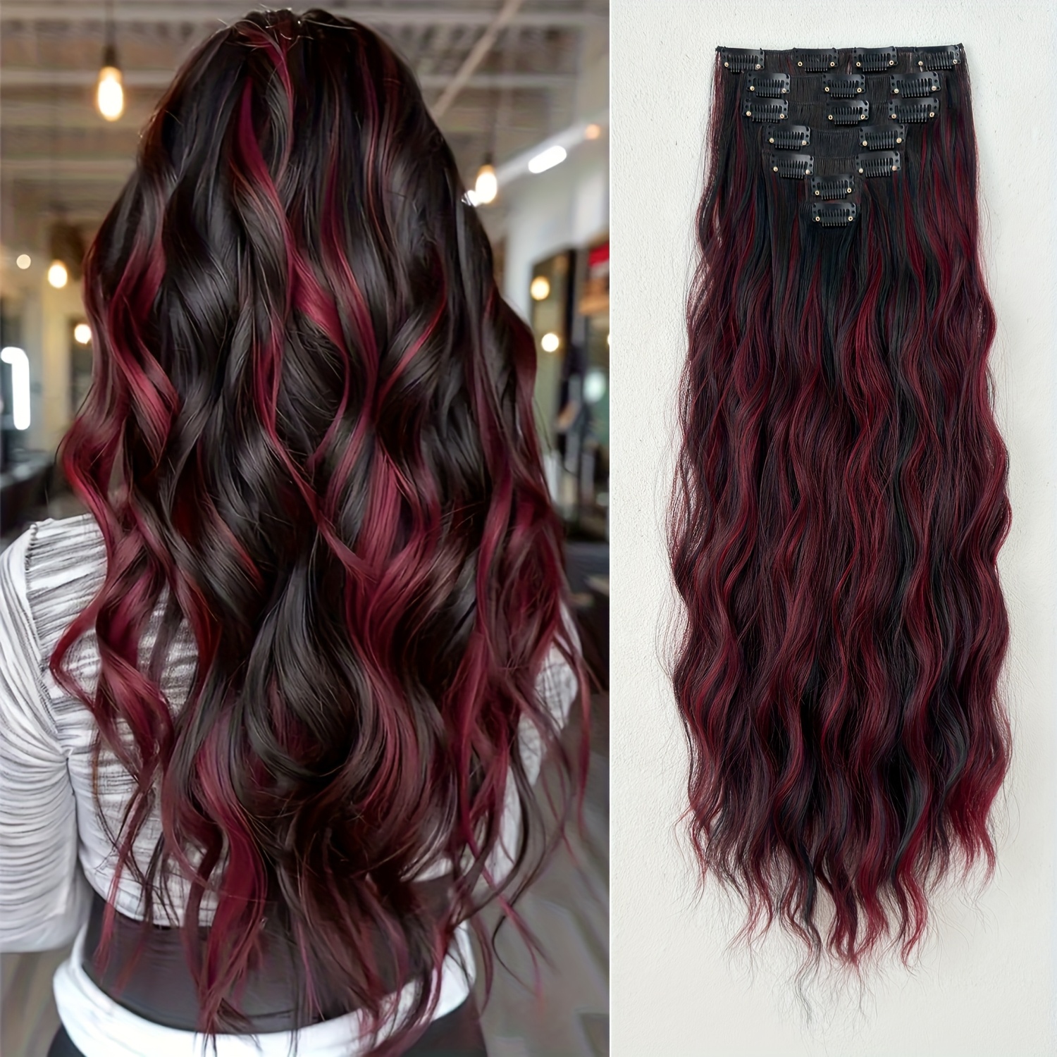 TEMU 7 sztuk wloczek do włosów, 24-calowy długi kręcony falowy sztuczny włos, czarny brązowy dla kobiet - gotowy na imprezę, włókno odpowiadające