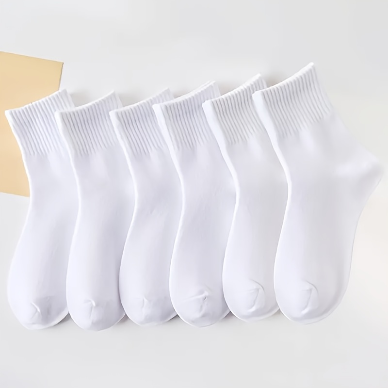 TEMU 6-pak Białe Damskie Skarpetki do Połowy Łydki Prążkowane Mankiety, Gładki Materiał, Prać Ręcznie, Idealne do Codziennych Aktywności i