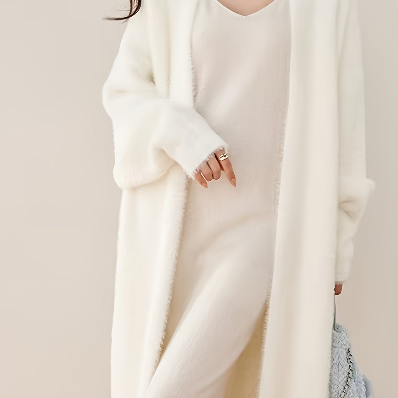 TEMU Elegancki długi kardigan damski - Szykowny sweter z dekoltem w serek, miękki, zwiewny sweter długi na wiosnę/jesień, do biura, na imprezę, na co