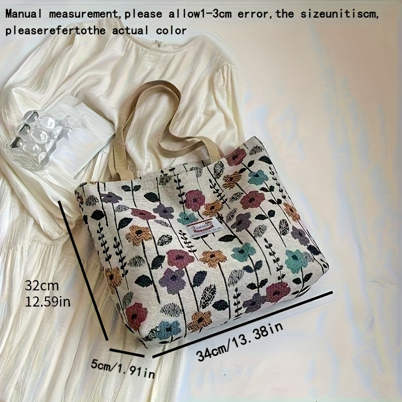 TEMU 1 szt. Boho Chic Torba Tote z Kwiatowym Nadrukiem dla Kobiet - Elegancki Fioletowy & Wielokolorowy Design, Zamek Błyskawiczny, Idealna na