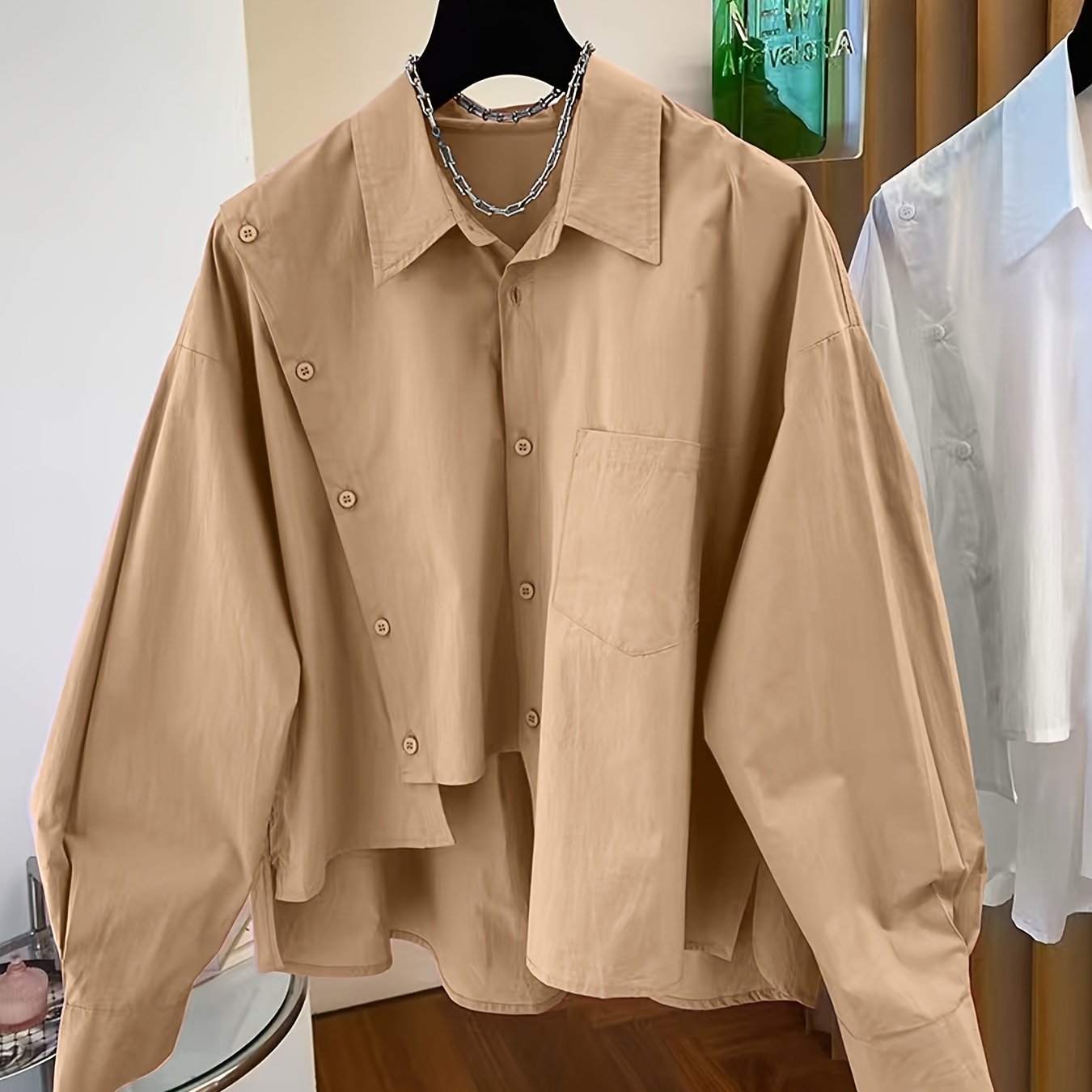 TEMU Bluzka Damska w Stylu Casual z Asymetrycznym Dołem i Kołnierzykiem - Luźny Krój, Długie Rękawy Jednolitego Koloru, Pranie Maszynowe na