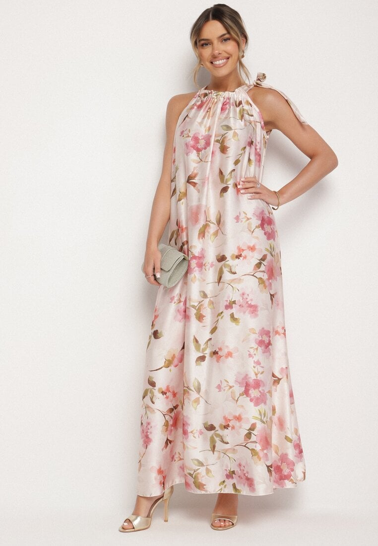 Różowa Satynowa Sukienka w Kwiaty Fenaresia