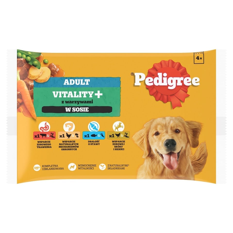 PEDIGREE Adult Vitality+ z warzywami saszetki 4x85 g mokra karma pełnoporcjowa dla dorosłych psów z wołowiną i wątróbką, marchewką i groszkiem, z kurczakiem i ziemniakami, z rybą i marchewką, z drobiem, marchewką i groszkiem w sosie