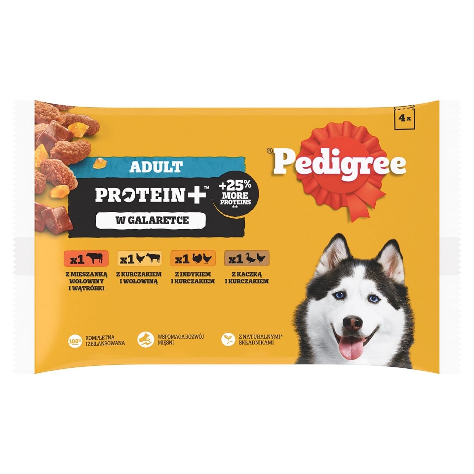 PEDIGREE Adult Protein+ saszetki 4x85 g mokra karma pełnoporcjowa dla dorosłych psów z mieszanką wołowiny i wątróbki, z kurczakiem i wołowiną, z indykiem i kurczakiem, z kaczką i kurczakiem w galaretce