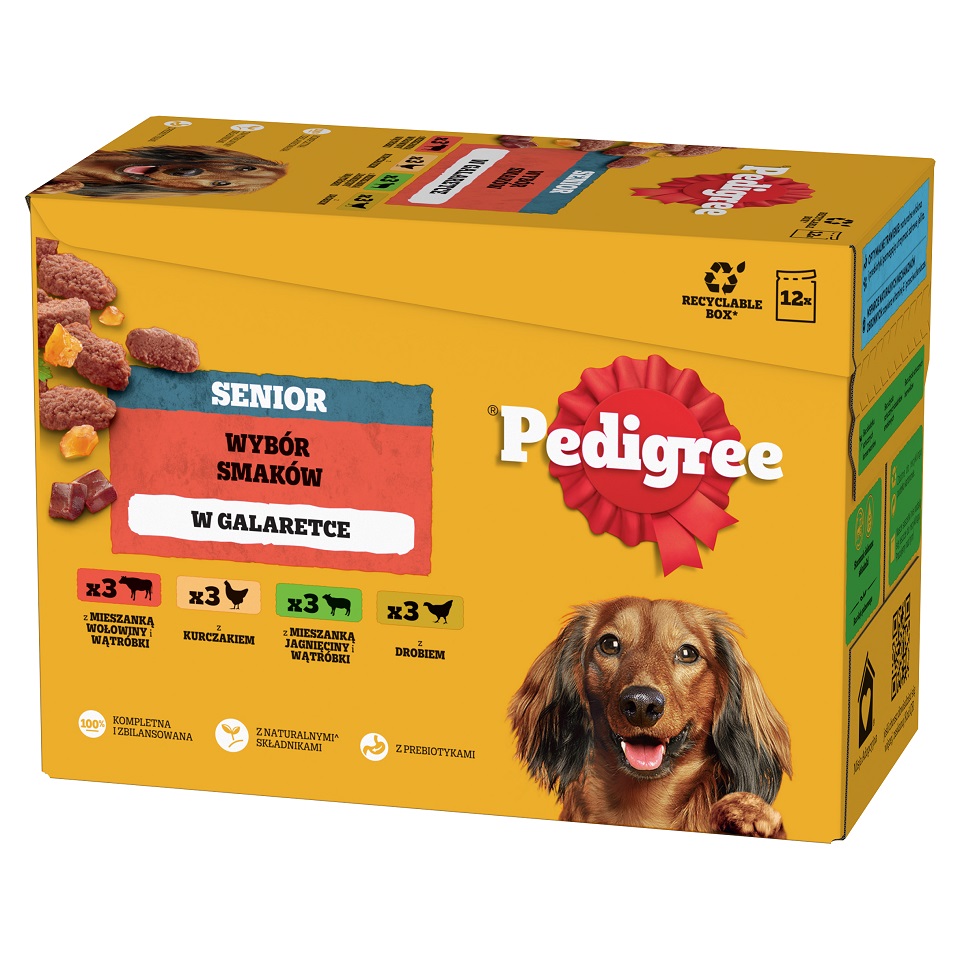 PEDIGREE Senior Wybór Smaków saszetki 12x100 g mokra karma pełnoporcjowa dla dorosłych psów z mieszanką wołowiny i wątróbki, z kurczakiem, z mieszanką jagnięciny i wątróbki, z drobiem w galaretce