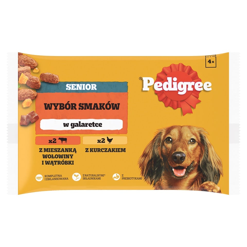 PEDIGREE Senior Wybór Smaków saszetki 4x100 g mokra karma pełnoporcjowa dla dorosłych psów z mieszanką wołowiny i wątróbki, z kurczakiem w galaretce