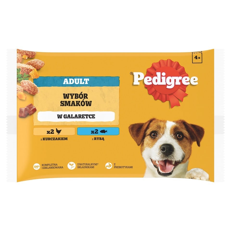 PEDIGREE Adult Wybór Smaków saszetki 4x100 g mokra karma pełnoporcjowa dla dorosłych psów z kurczakiem, z rybą w galaretce