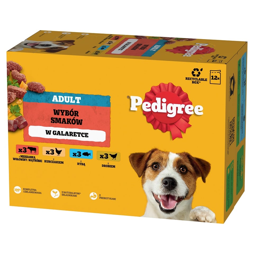 PEDIGREE Adult Wybór Smaków saszetki 12x100 g mokra karma pełnoporcjowa dla dorosłych psów z mieszanką wołowiny i wątróbki, z kurczakiem, z rybą, z drobiem w galaretce