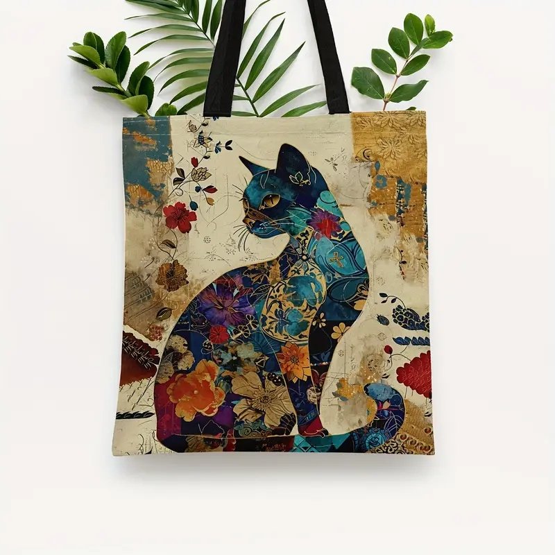 Torba shopperka tote z kotem kwiaty 42x35 cm płócienna kolorowa dla kociary