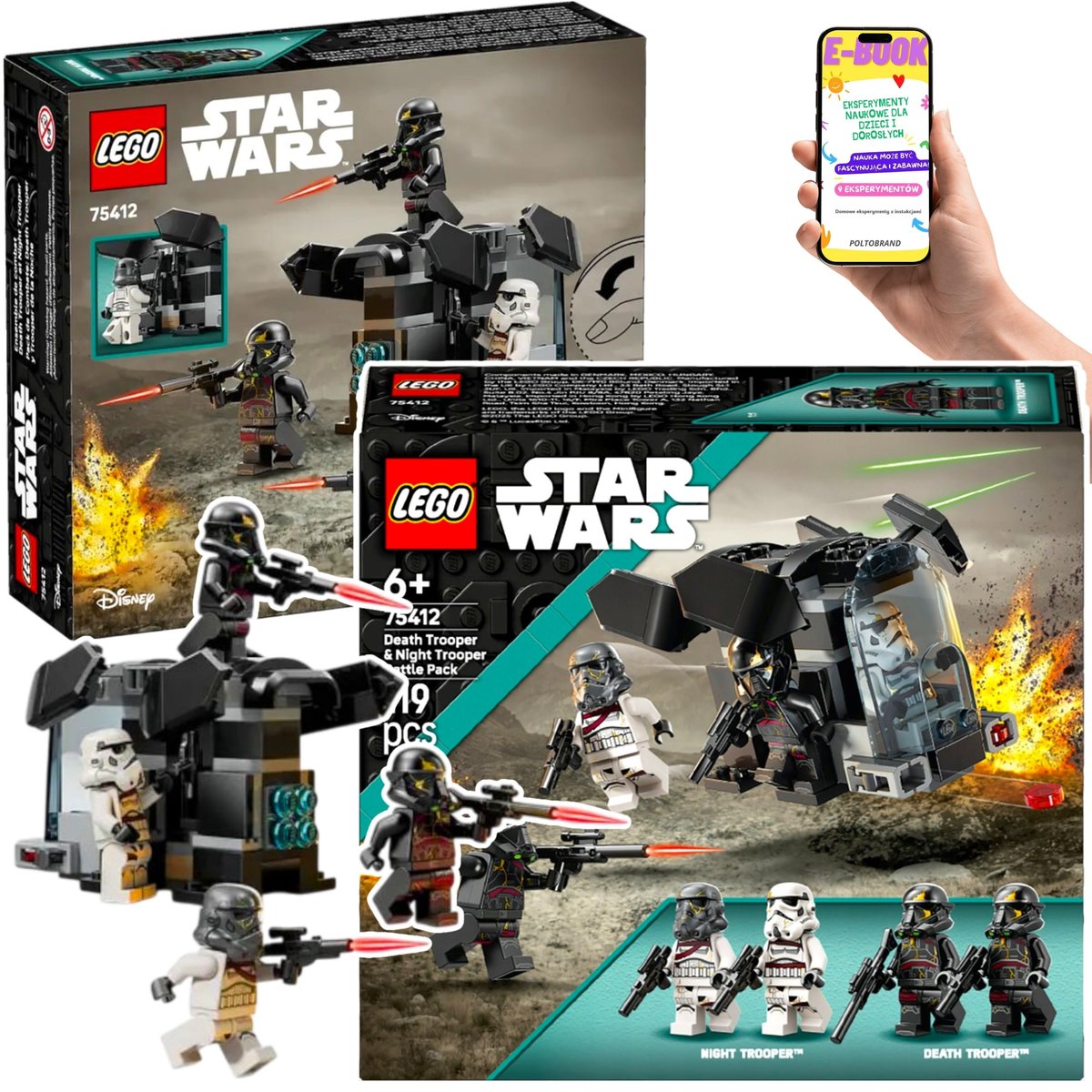 LEGO Star Wars Dla Dzieci (75412) – Zestaw Bitewny Szturmowiec Śmierci + Nocny Szturmowiec 4 Minifigurki + Transportowiec z Klocków + EBOOK