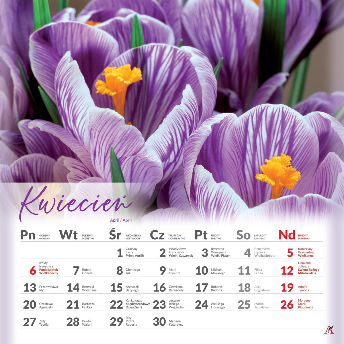 Kalendarz ścienny Kwiaty 2026 podgląd na 3 miesiące 33x33cm