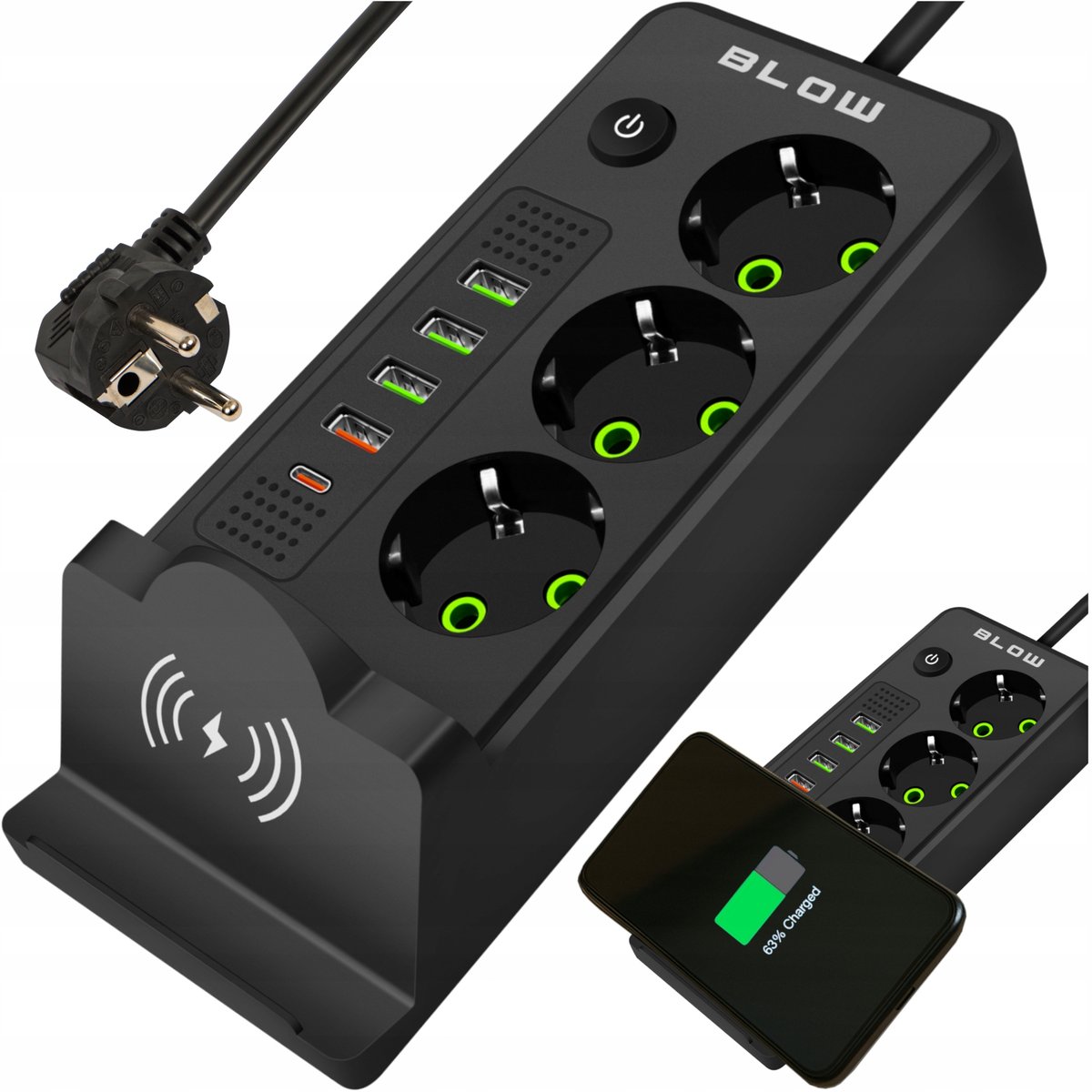 PRZEDŁUŻACZ LISTWA ZASILAJĄCA WŁĄCZNIK 4x USB 3 GNIAZDA 3m TYP-C INDUKCYJNA