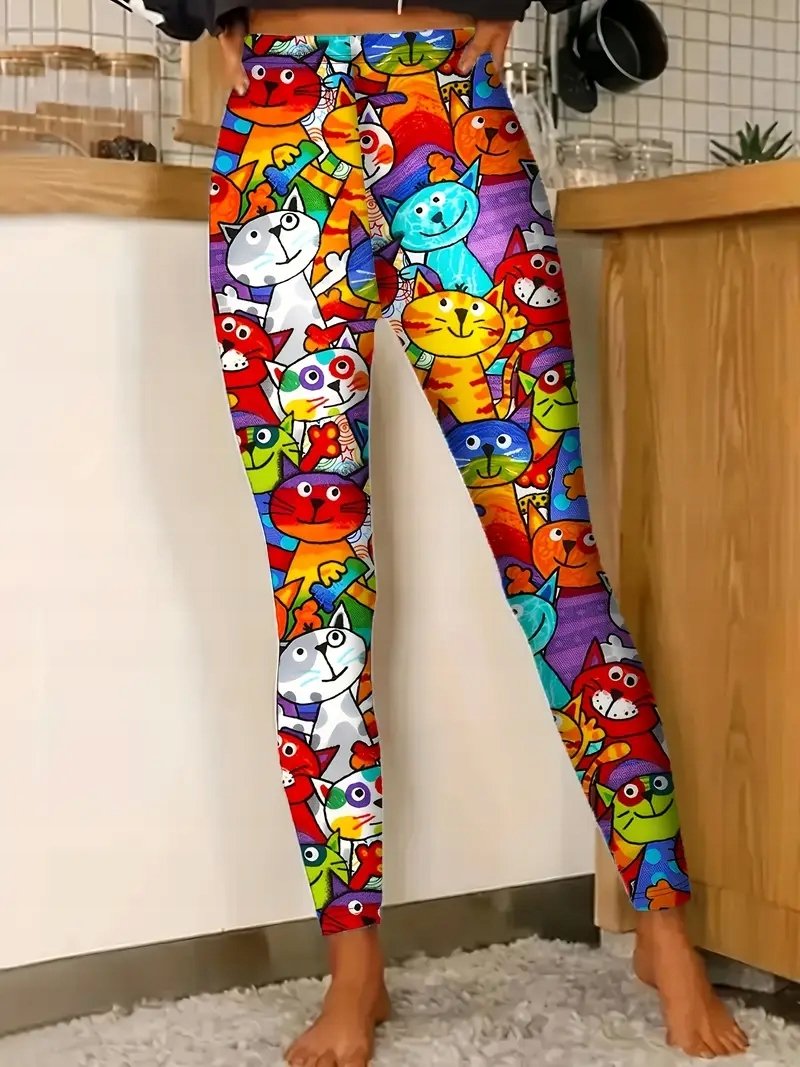 Legginsy damskie S koty komiksowe kolorowe joga fitness zabawne na siłownie