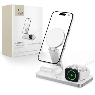 Ładowarka indukcyjna TECH-PROTECT QI15W-A47 3w1 MagSafe Biały
