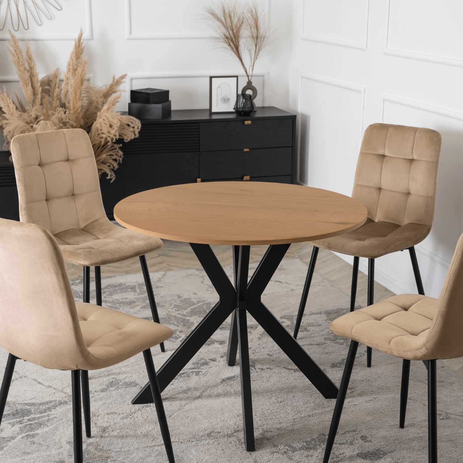 Stół Okrągły LAUREN 90 cm Dąb Złoty/Czarny Loft Nowoczesny