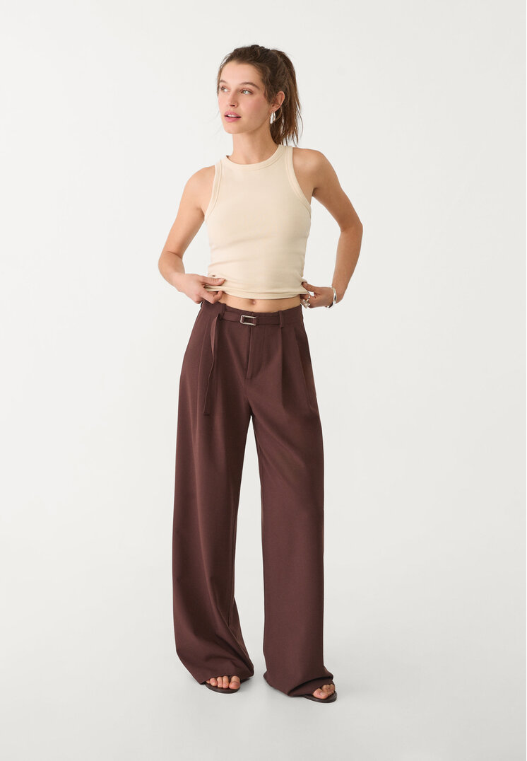 Stradivarius Eleganckie szerokie spodnie ze sprzączką Brązowy 36